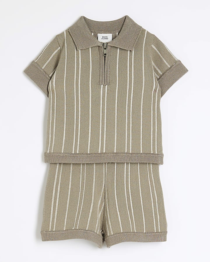 Baby Boys Khaki Knitted Stripe Polo Shirt Set