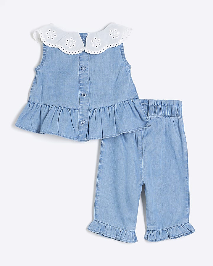 Baby Girls Blue Chambray Collar Blouse Set