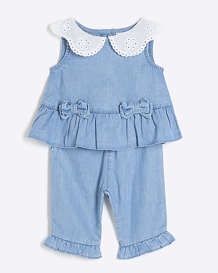 Baby Girls Blue Chambray Collar Blouse Set