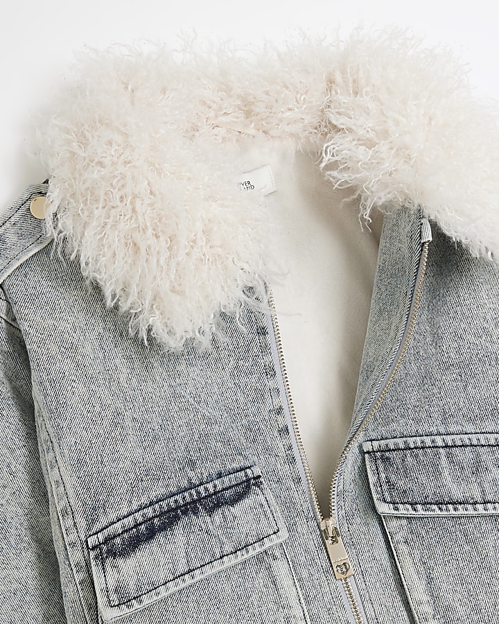 Girls Blue Faux Fur Trimmed Denim Jacket