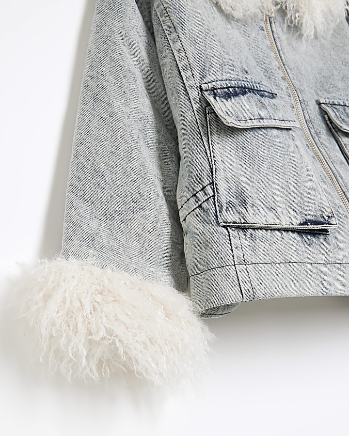 Girls Blue Faux Fur Trimmed Denim Jacket