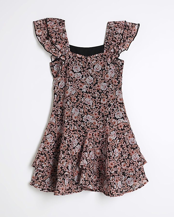 Girls Black Floral Skater Dress