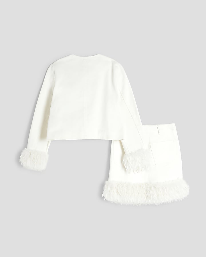 Girls White Denim Feather Set