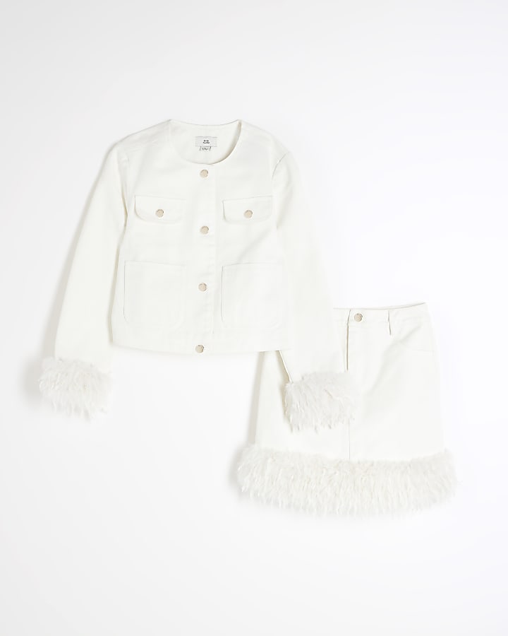 Girls White Denim Feather Set