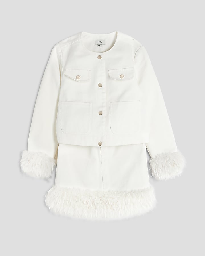 Girls White Denim Feather Set