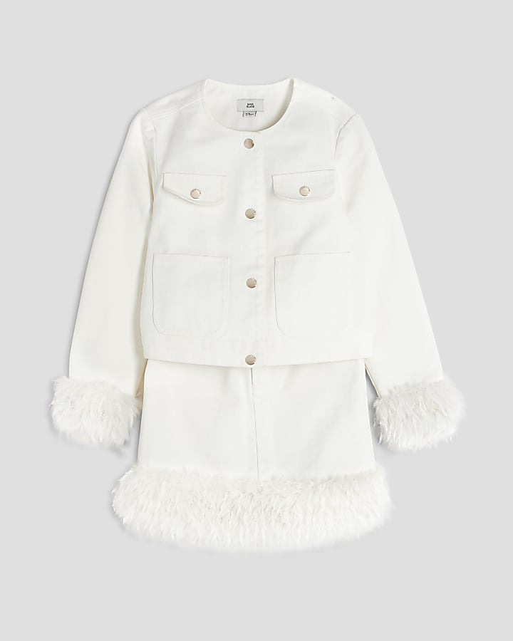 Girls White Denim Feather Set