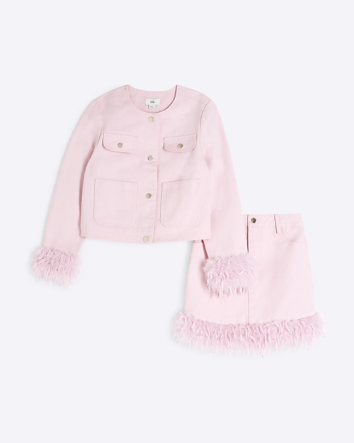 Girls Pink Denim Feather Set