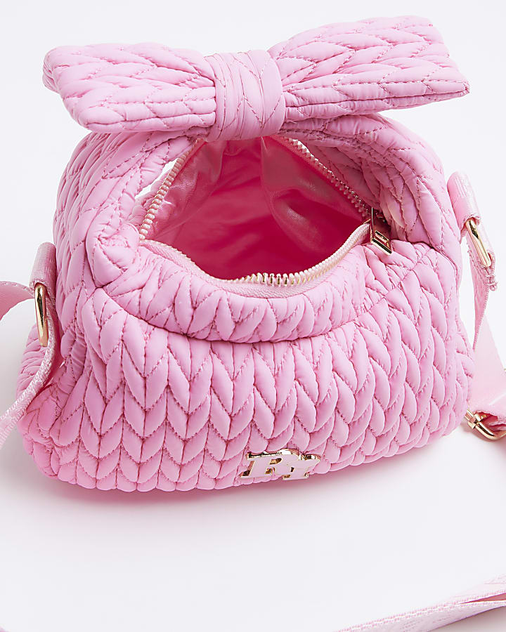 Girls Pink Nylon Weave Bow Shoulder Bag