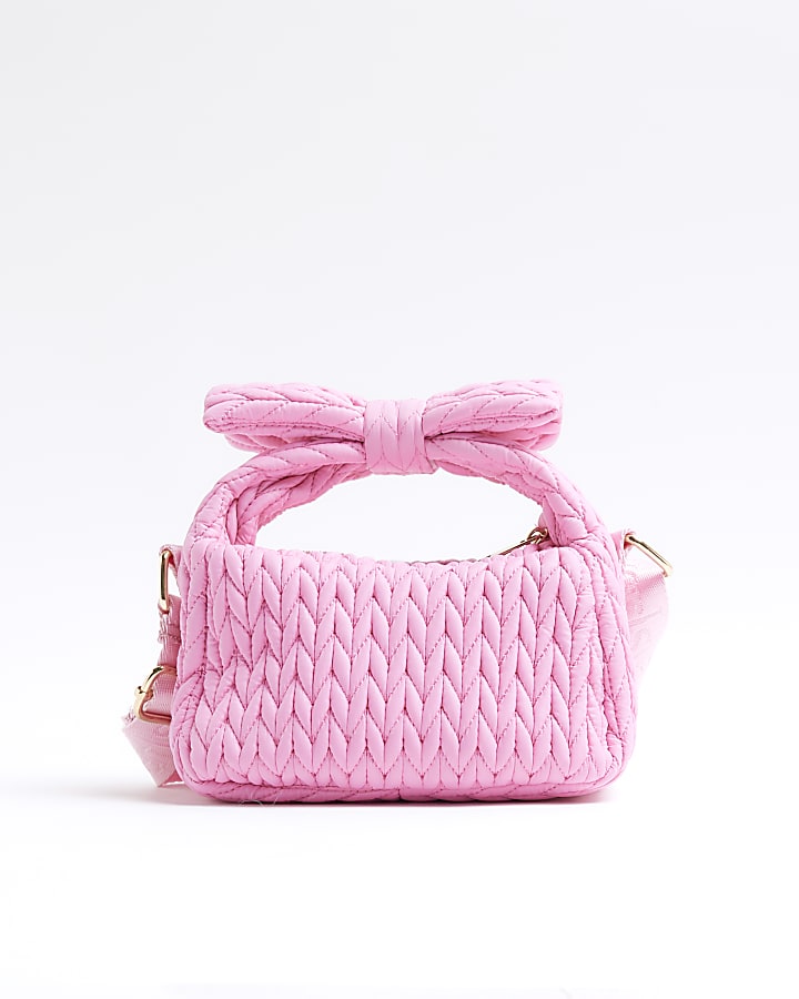 Girls Pink Nylon Weave Bow Shoulder Bag