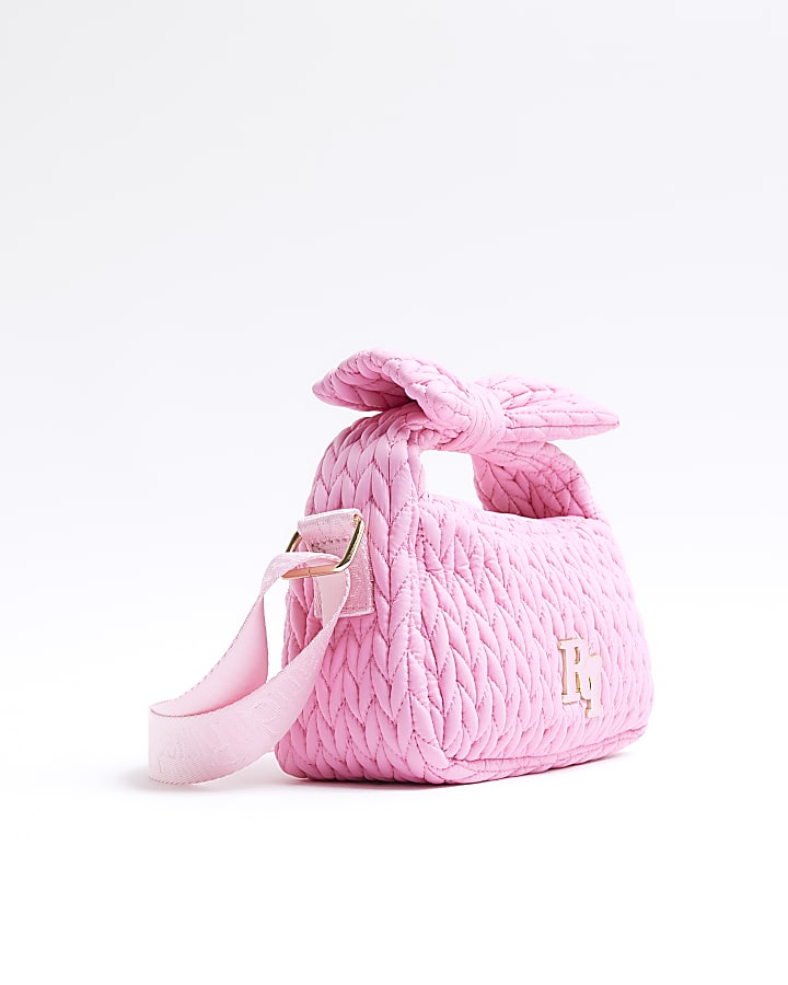 Girls Pink Nylon Weave Bow Shoulder Bag