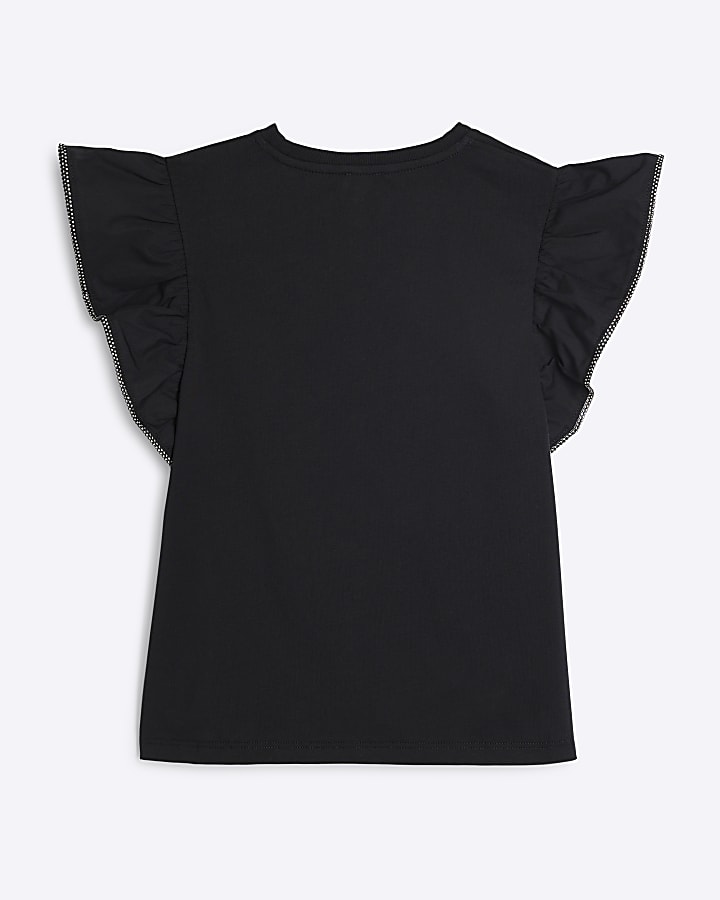 Girls Black Heart Frill Sleeve T-Shirt