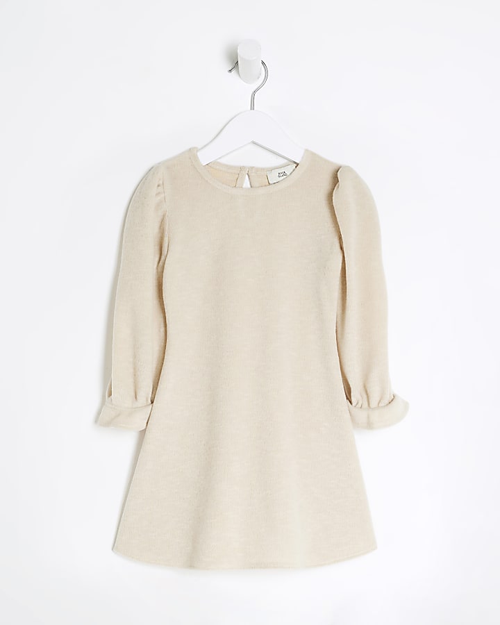 Mini Girls Cream Long Sleeve Skater Dress