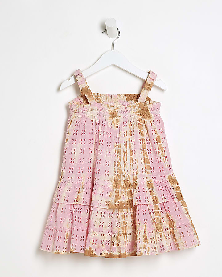 Mini Girls Pink Broidery Tie Dye Dress