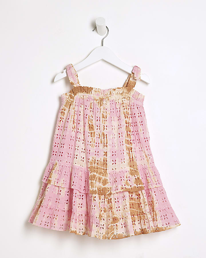 Mini Girls Pink Broidery Tie Dye Dress