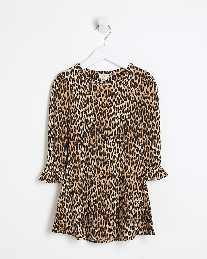 Mini Girls Brown Leopard Skater Dress