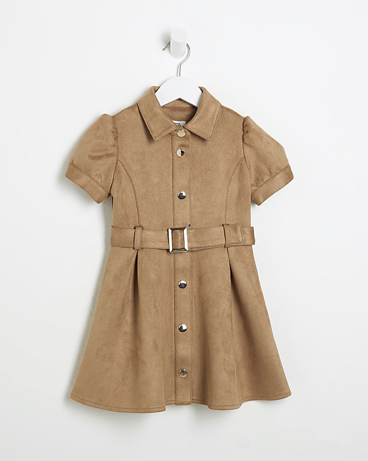 Mini Girls Beige Suedette Faux Belted Dress