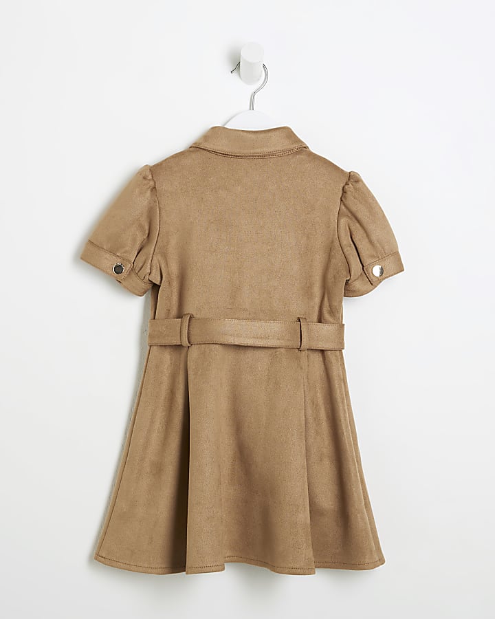 Mini Girls Beige Suedette Faux Belted Dress