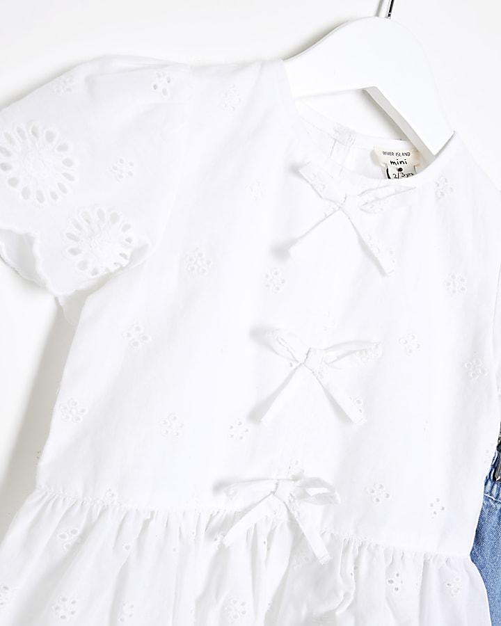 Mini Girls White Broderie Blouse & Jeans Set