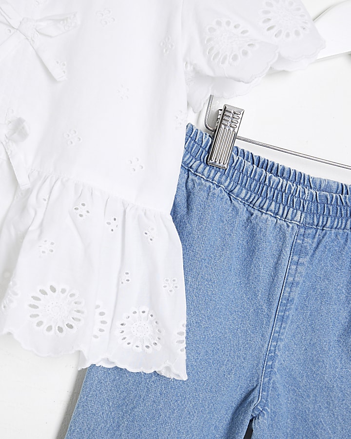 Mini Girls White Broderie Blouse & Jeans Set