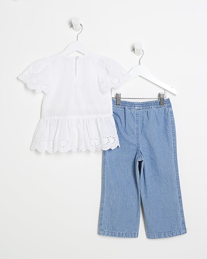 Mini Girls White Broderie Blouse & Jeans Set