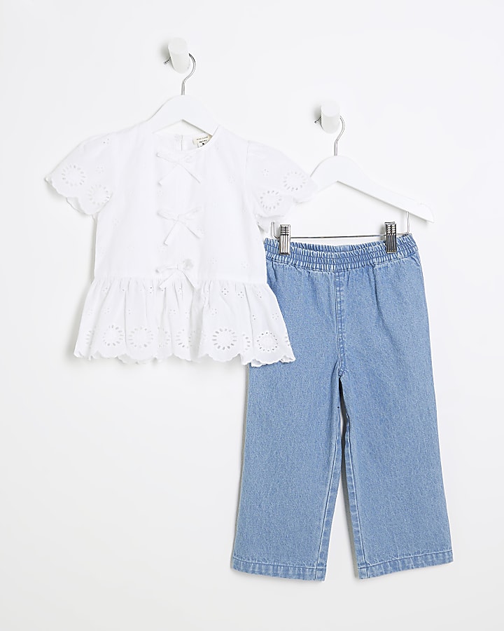 Mini Girls White Broderie Blouse & Jeans Set