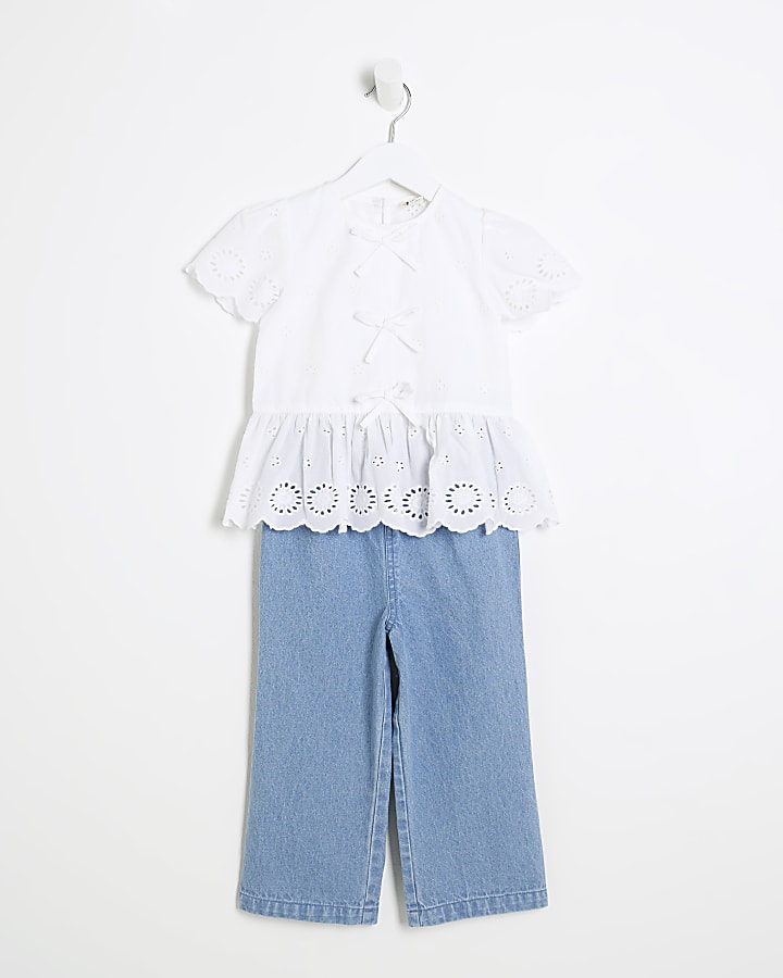 Mini Girls White Broderie Blouse & Jeans Set