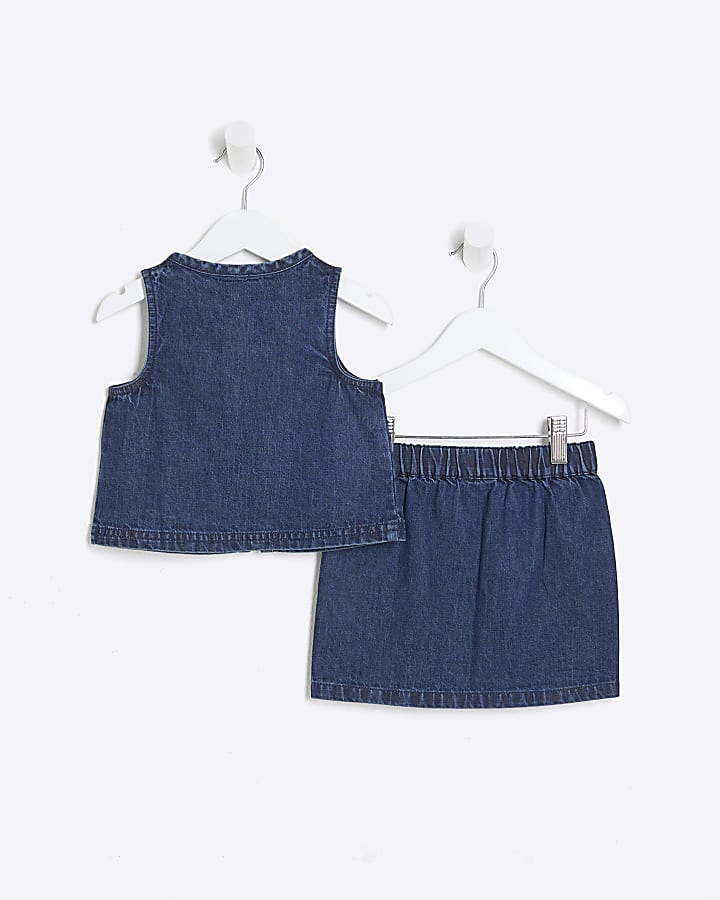 Mini Girls Blue Denim Gilet And Skirt Set