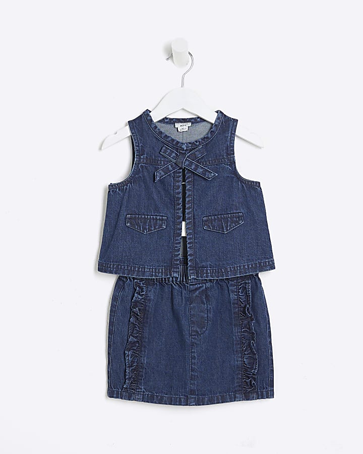 Mini Girls Blue Denim Gilet And Skirt Set