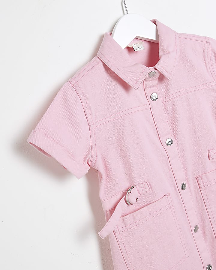 Mini Girls Pink Denim Twill Belted Dress