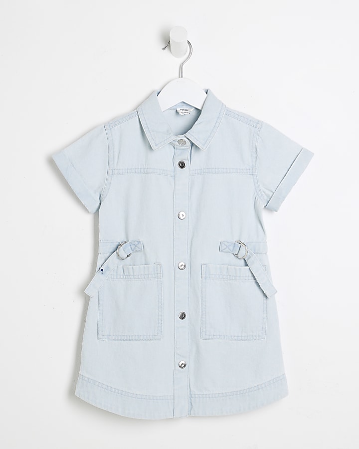 Mini Girls Blue Denim Twill Belted Dress