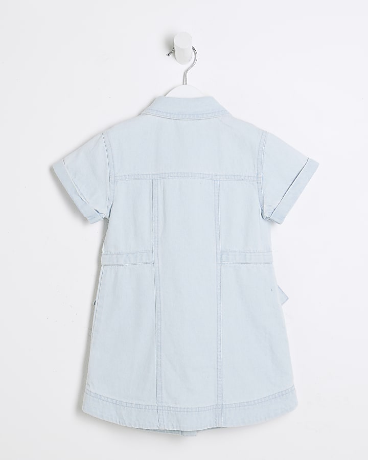 Mini Girls Blue Denim Twill Belted Dress