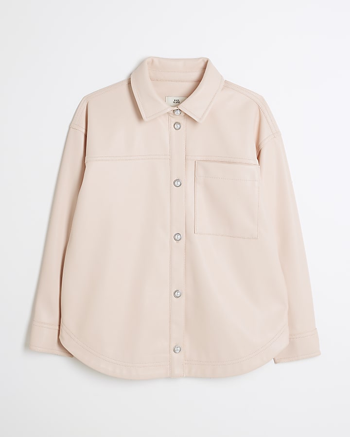 Girls Pink Faux Leather Overshirt