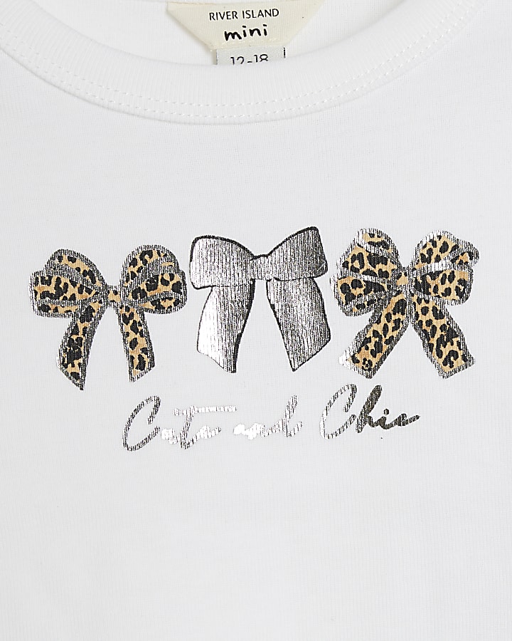 Mini Girls White Trio Bow Graphic T-Shirt Set