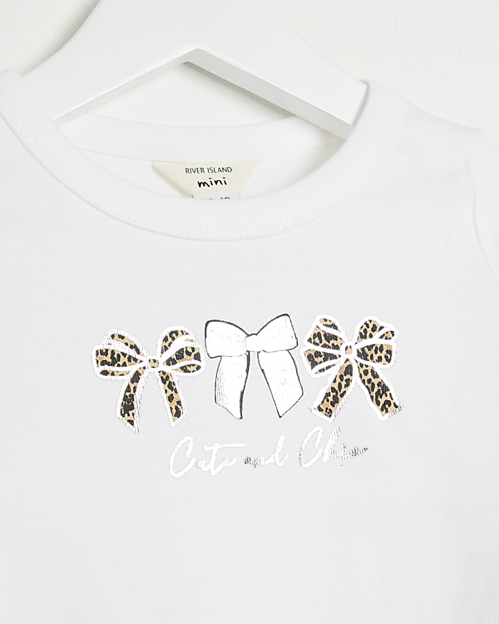 Mini Girls White Trio Bow Graphic T-Shirt Set