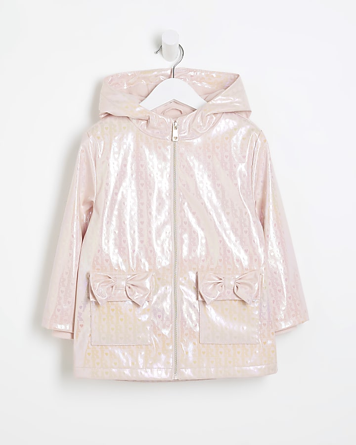 Mini Girls Pink Monogram Bow Hooded Raincoat