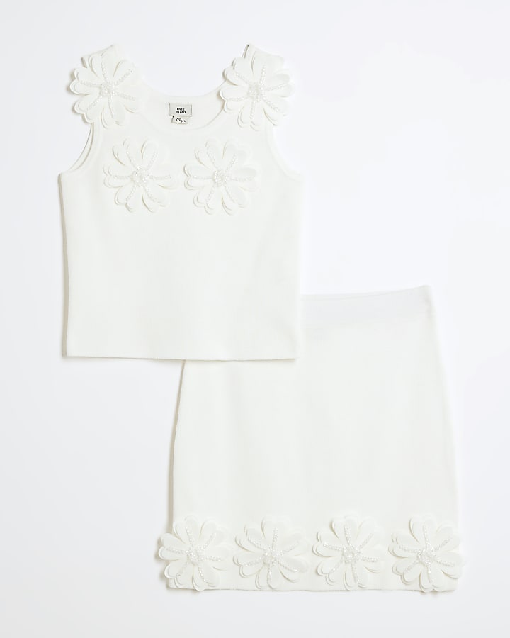 Girls White 3D Floral Skirt Set