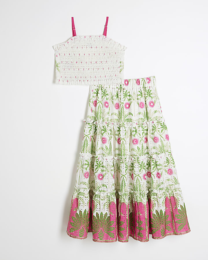 Girls Cream Tropical Palm Maxi Skirt Set