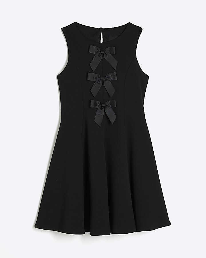 Girls Black Scuba Crepe Bow Skater Dress