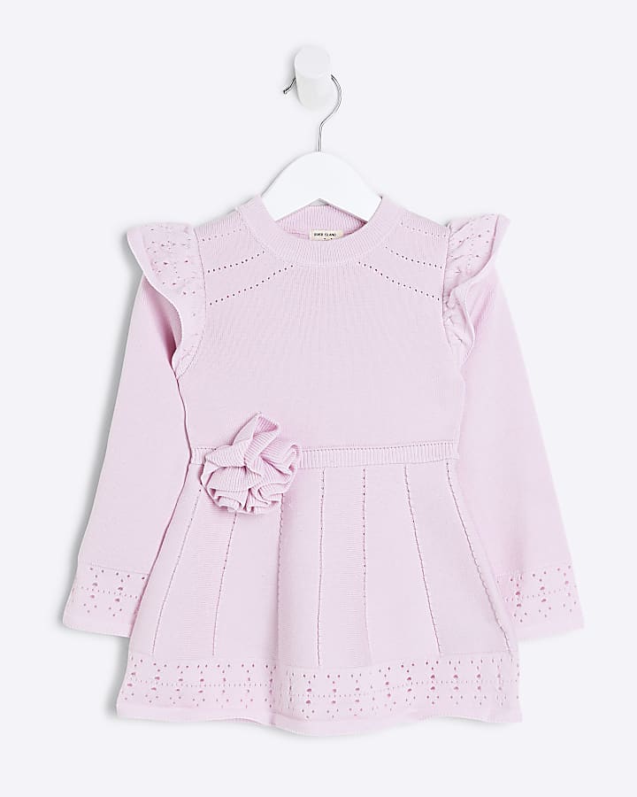 Mini Girls Pink Flower Corsage Knit Dress