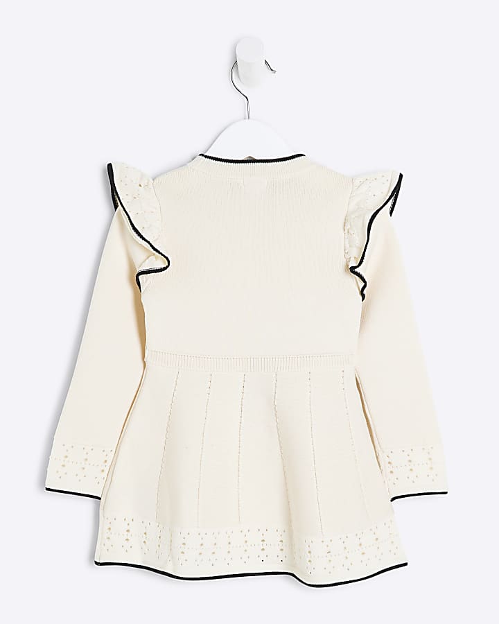 Mini Girls Cream Flower Corsage Knit Dress