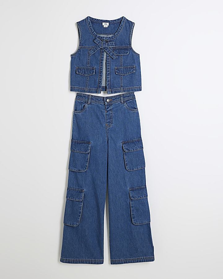 Girls Blue Denim Gilet And Cargo Jeans Set