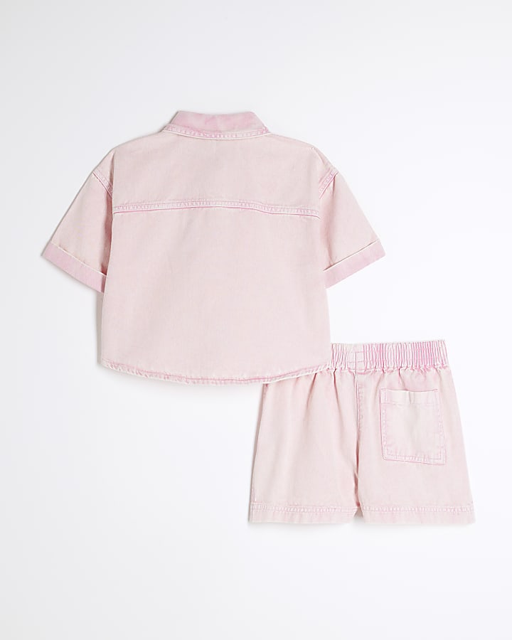 Girls Pink Cropped Shirt And Shorts Set