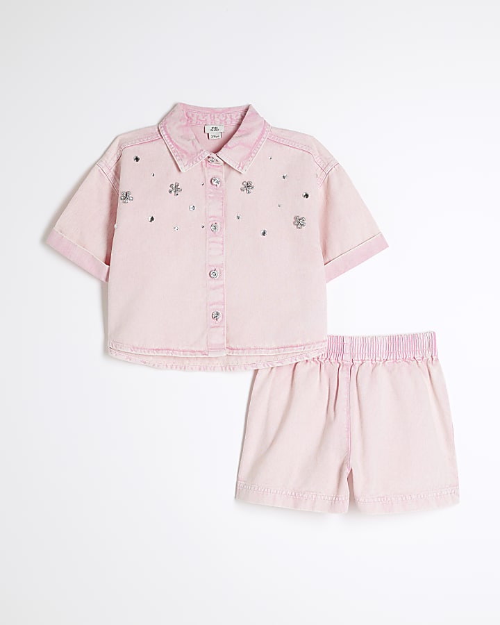 Girls Pink Cropped Shirt And Shorts Set