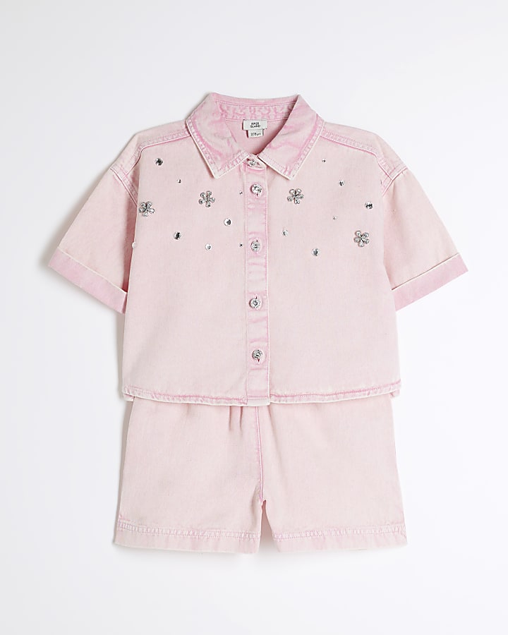 Girls Pink Cropped Shirt And Shorts Set