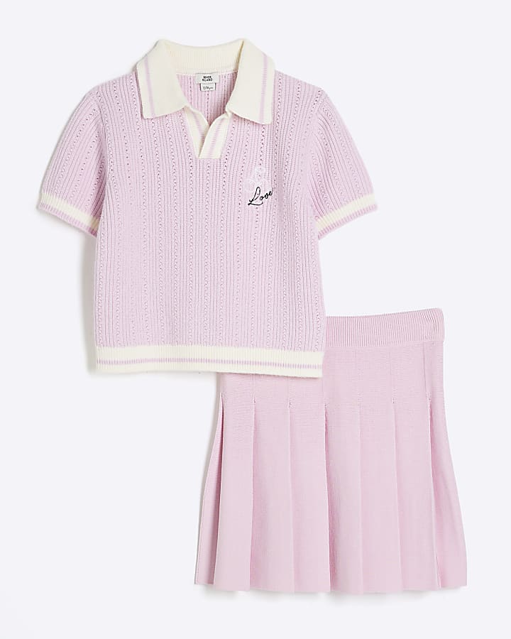 Girls Pink Revere Collar Polo Set