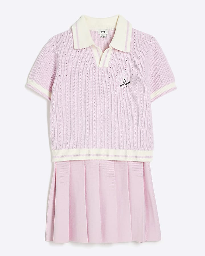 Girls Pink Revere Collar Polo Set