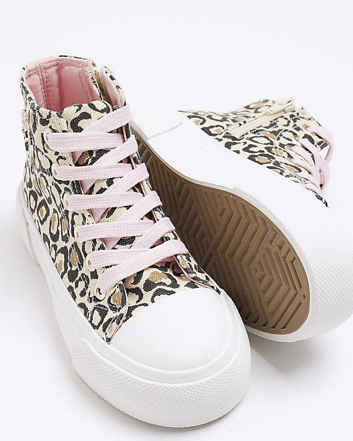 Girls Brown Canvas Leopard Hi Top Trainers