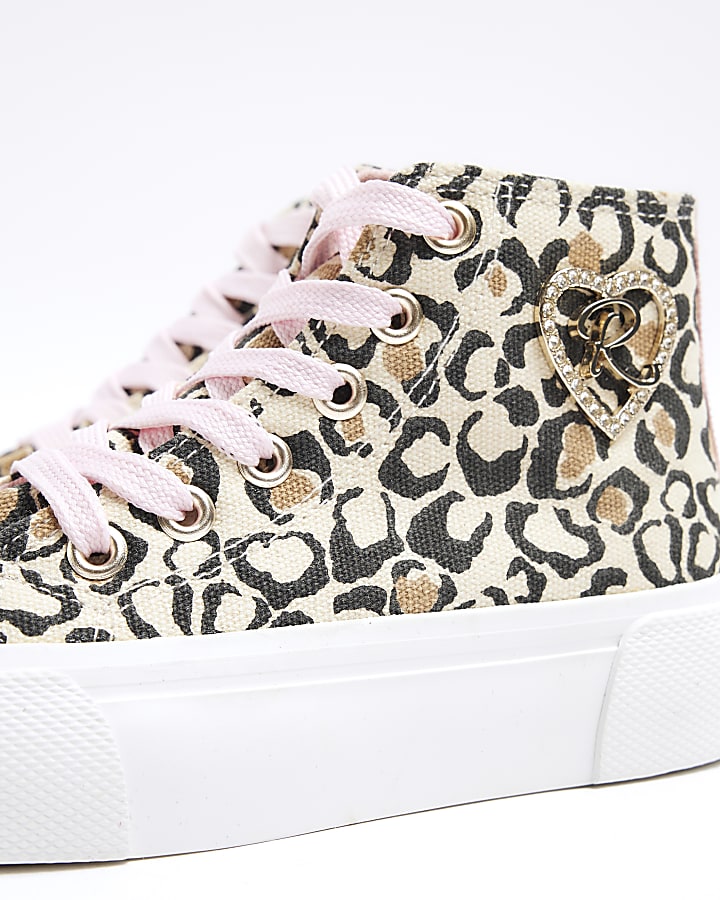 Girls Brown Canvas Leopard Hi Top Trainers