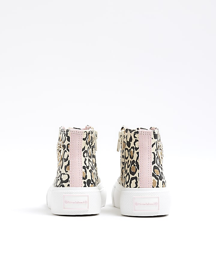 Girls Brown Canvas Leopard Hi Top Trainers