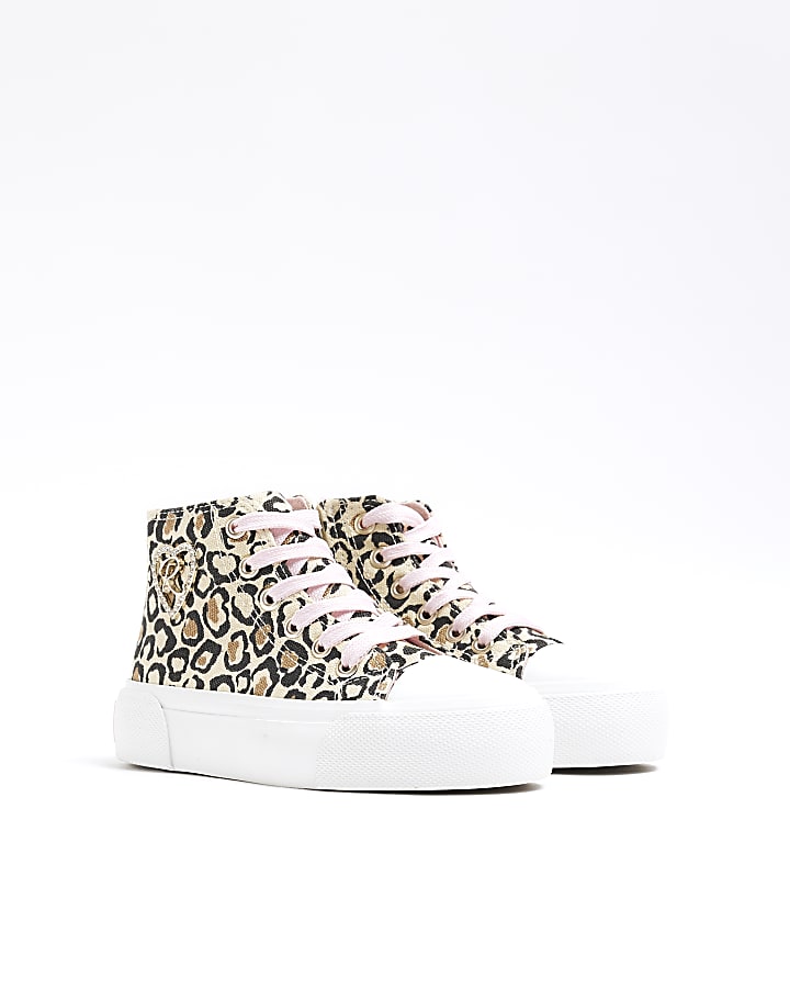 Girls Brown Canvas Leopard Hi Top Trainers